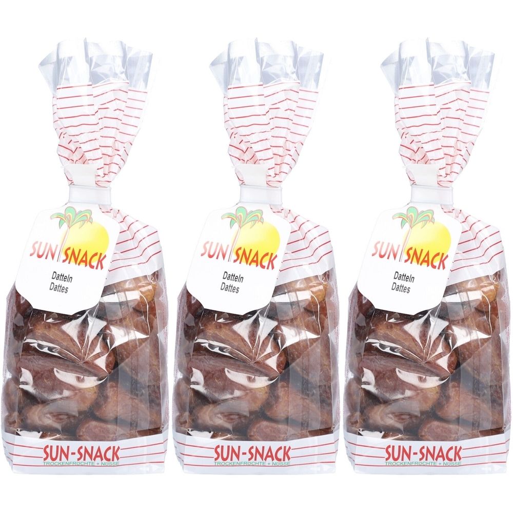 Trois sachets transparents de dattes. Chaque sachet porte une étiquette avec le logo SUN-SNACK et l'inscription Datteln/Dates.
