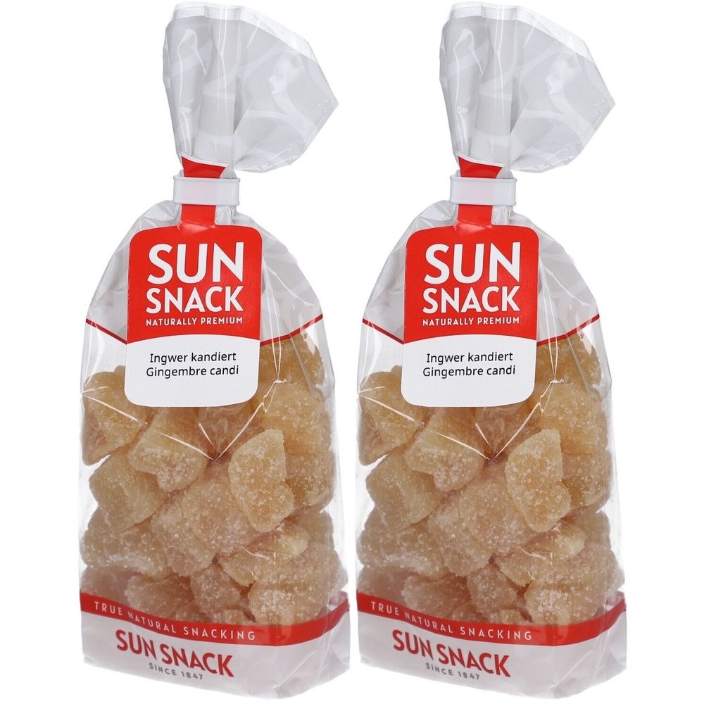 Zwei Beutel SUN SNACK kandierter Ingwer. Klare Verpackung mit rotem Etikett. Text: Ingwer kandiert, Gingembre candi.