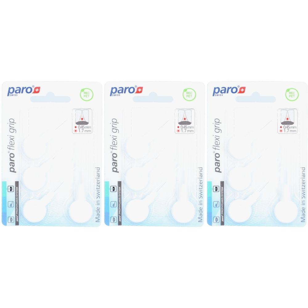 Trois emballages de PARO flexi grip. Emballage blanc avec image du produit et texte. Fabriqué en Suisse.