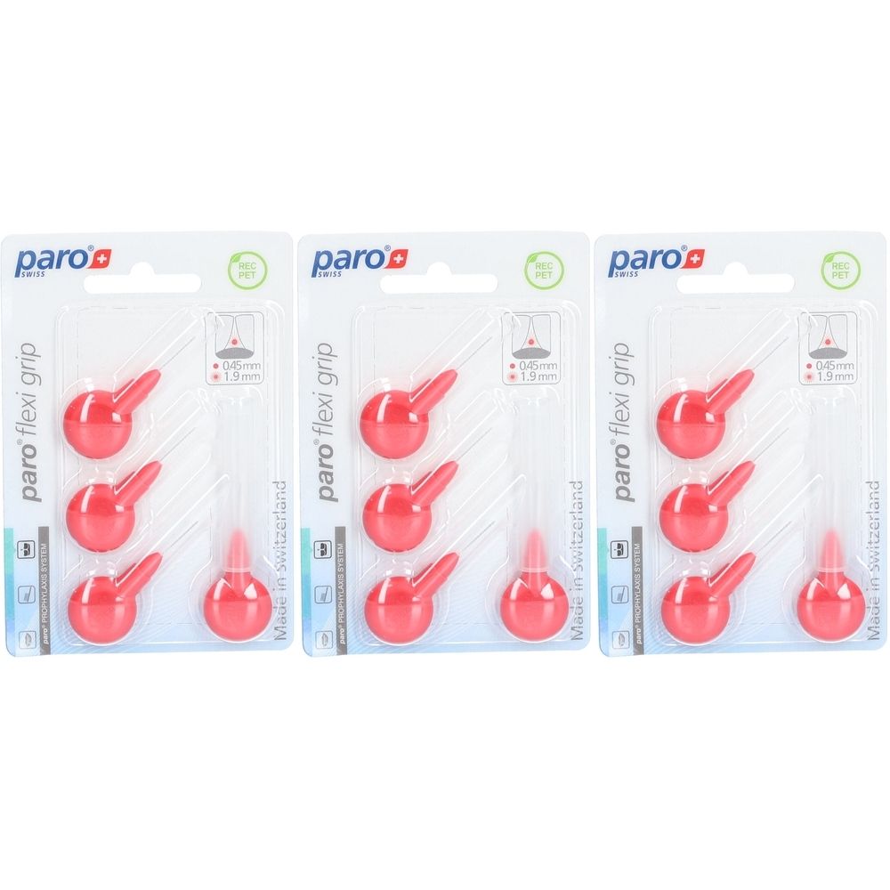 Drei Blisterpackungen mit roten Interdentalbürsten. Jede Packung enthält sechs Bürsten mit Griff. Marke: paro flexi grip.