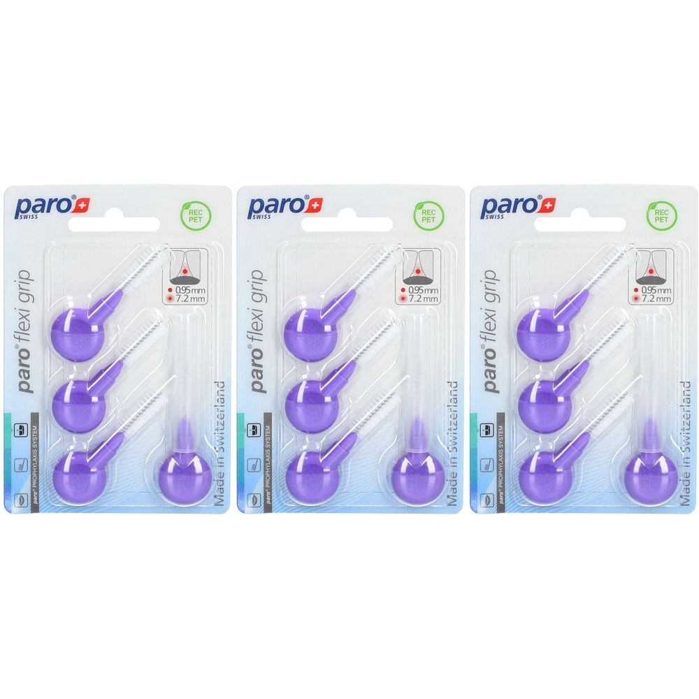 Drei Packungen mit lila paro flexi grip. Jede Packung enthält Interdentalbürsten. Aufschrift: Made in Switzerland.