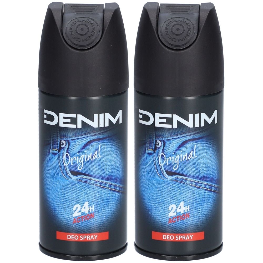 Zwei Deosprays mit schwarzem Deckel. Aufschrift: DENIM Original, Jeans-Design. 24h Action, Deo Spray.