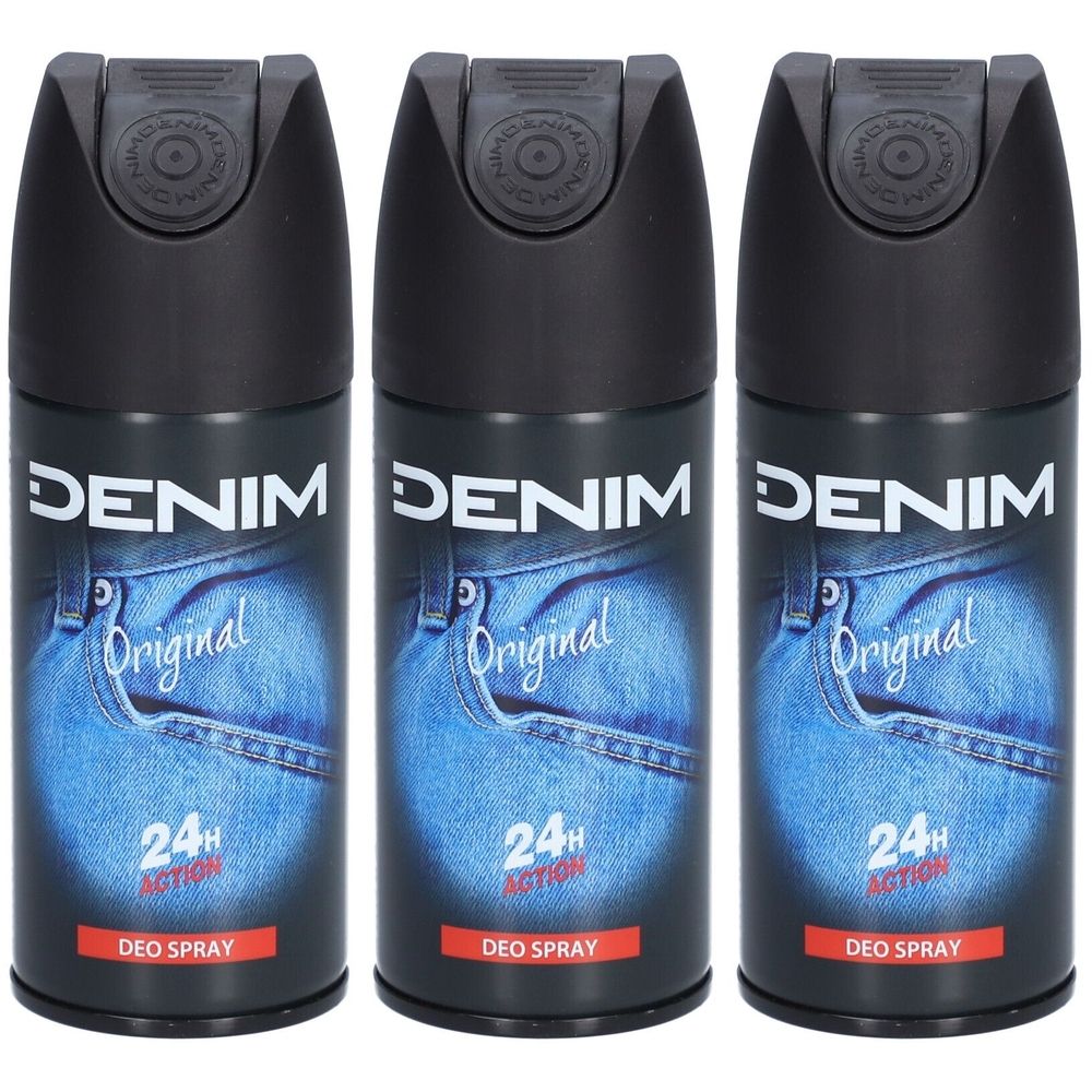 Drei Deosprays mit schwarzem Deckel. Aufschrift: DENIM Original, 24H Action, Deo Spray. Abbildung einer Jeans-Tasche.