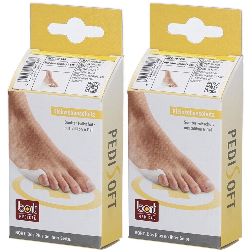 Deux boîtes de protection d'orteils. Inscription : PediSoft, Bort Medical. Crochet jaune. Illustration du produit : pied avec protection.