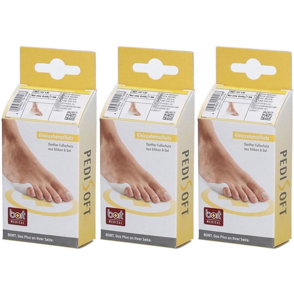 Trois boîtes de Bort Pedisoft Kleinzehenschutz. Emballages jaunes et blancs avec image du produit et texte. Marque Bort Medical.