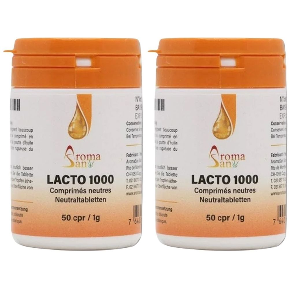 Zwei weiße Tablettenbehälter mit orangefarbenen Deckeln. Aufschrift: LACTO 1000, 50 cpr / 1g. Marke: Aromasan.
