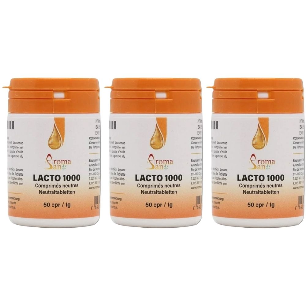 Drei Tablettenbehälter mit orangefarbenen Deckeln. Auf den Etiketten steht "LACTO 1000" und "50 cpr/1g". Das Logo zeigt einen Tropfen.