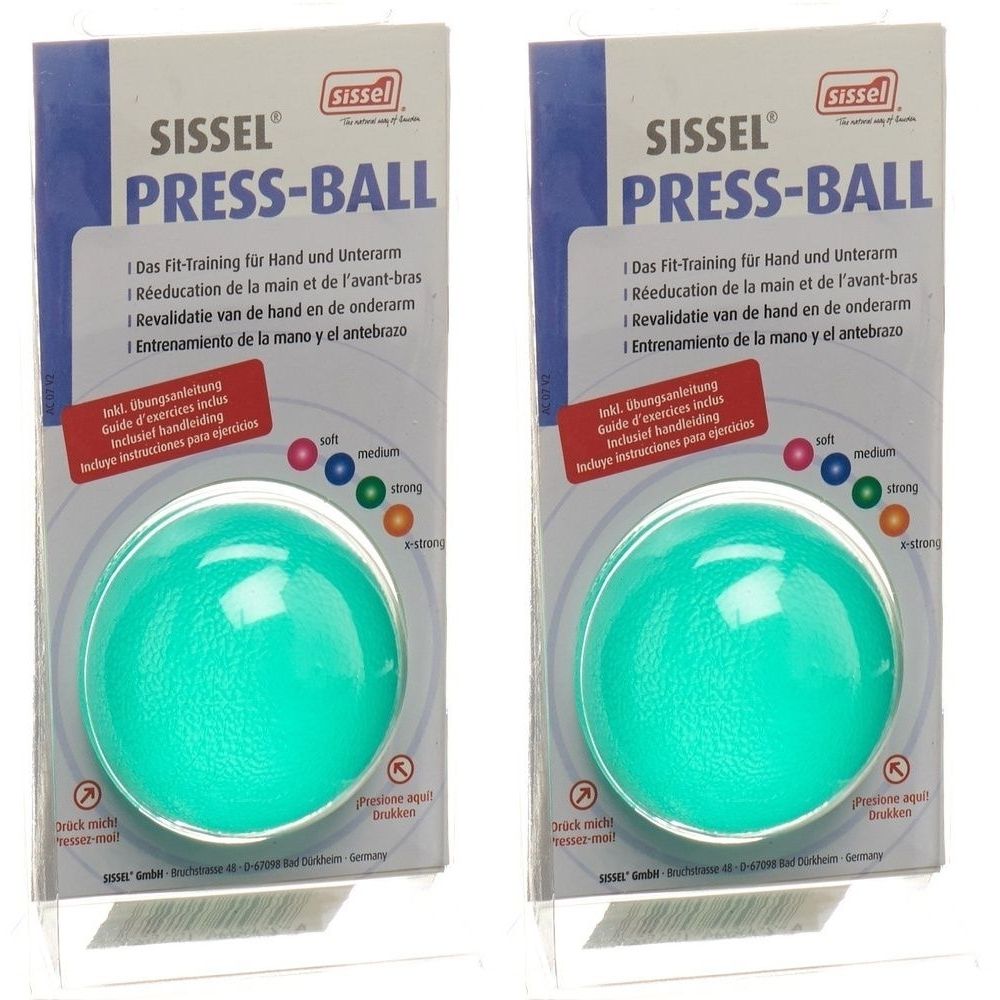 Zwei SISSEL Press-Bälle Fort Grün in Blisterverpackung. Runde, grüne Bälle mit unterschiedlichen Härtegraden. Text: Press-Ball.