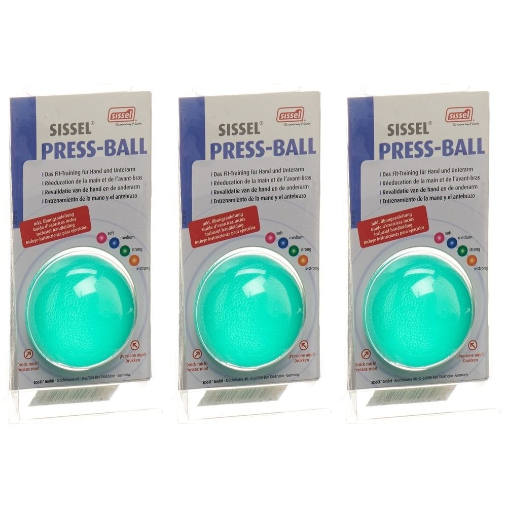 Drei SISSEL Press-Ball in Verpackung. Türkisfarbene Bälle mit Verpackung, Aufschrift "SISSEL PRESS-BALL".