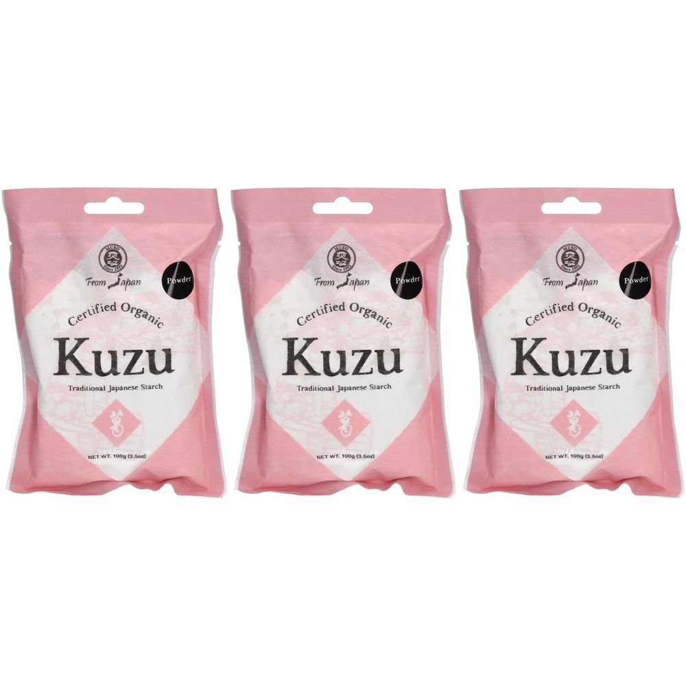 Drei Beutel Kuzu Pulver bio. Rosa Verpackung mit weißem Etikett. Aufschrift: Kuzu, Certified Organic, Traditional Japanese Starch.