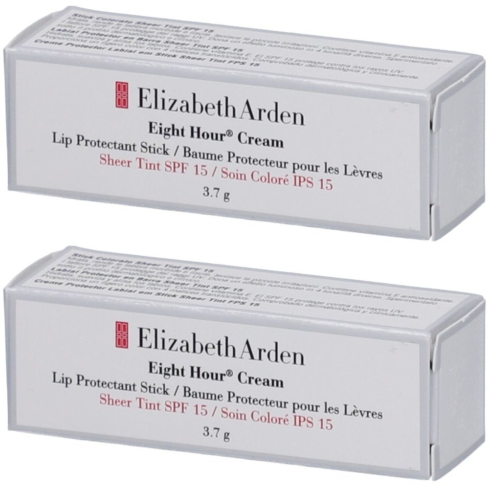 Zwei weiße Schachteln mit Produktinformationen. Aufschrift: Elizabeth Arden Eight Hour Cream Lip Protectant Stick.