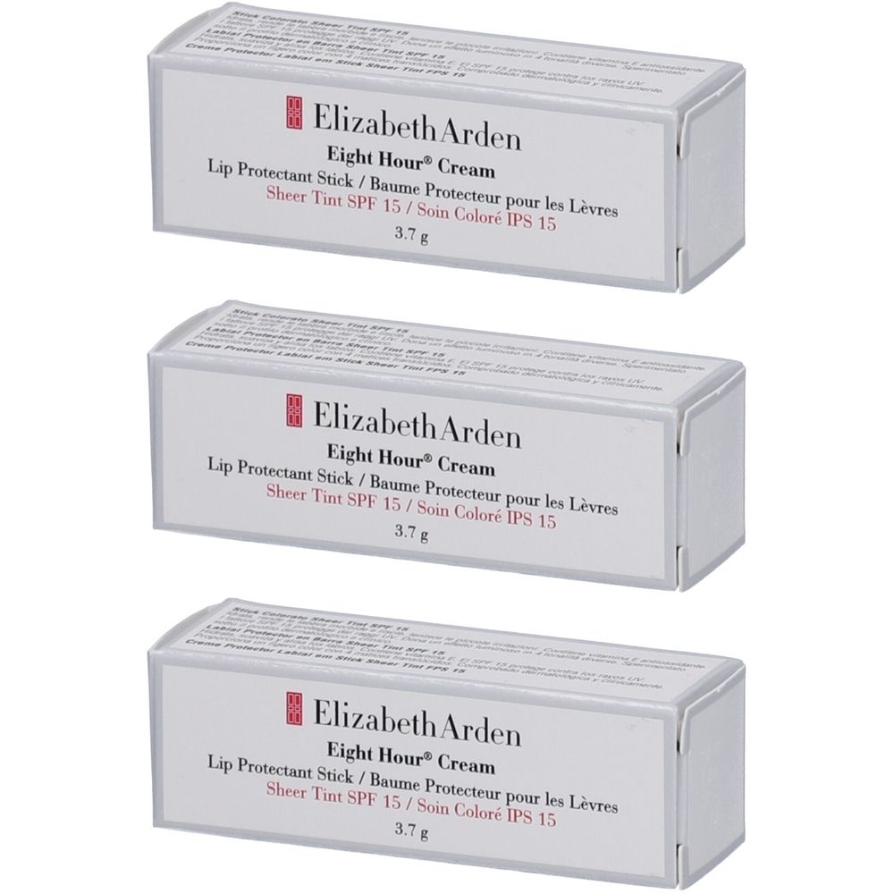 Drei rechteckige Schachteln. Auf jeder steht: Elizabeth Arden Eight Hour Cream Lip Protectant Stick, Sheer Tint SPF 15, 3.7g.