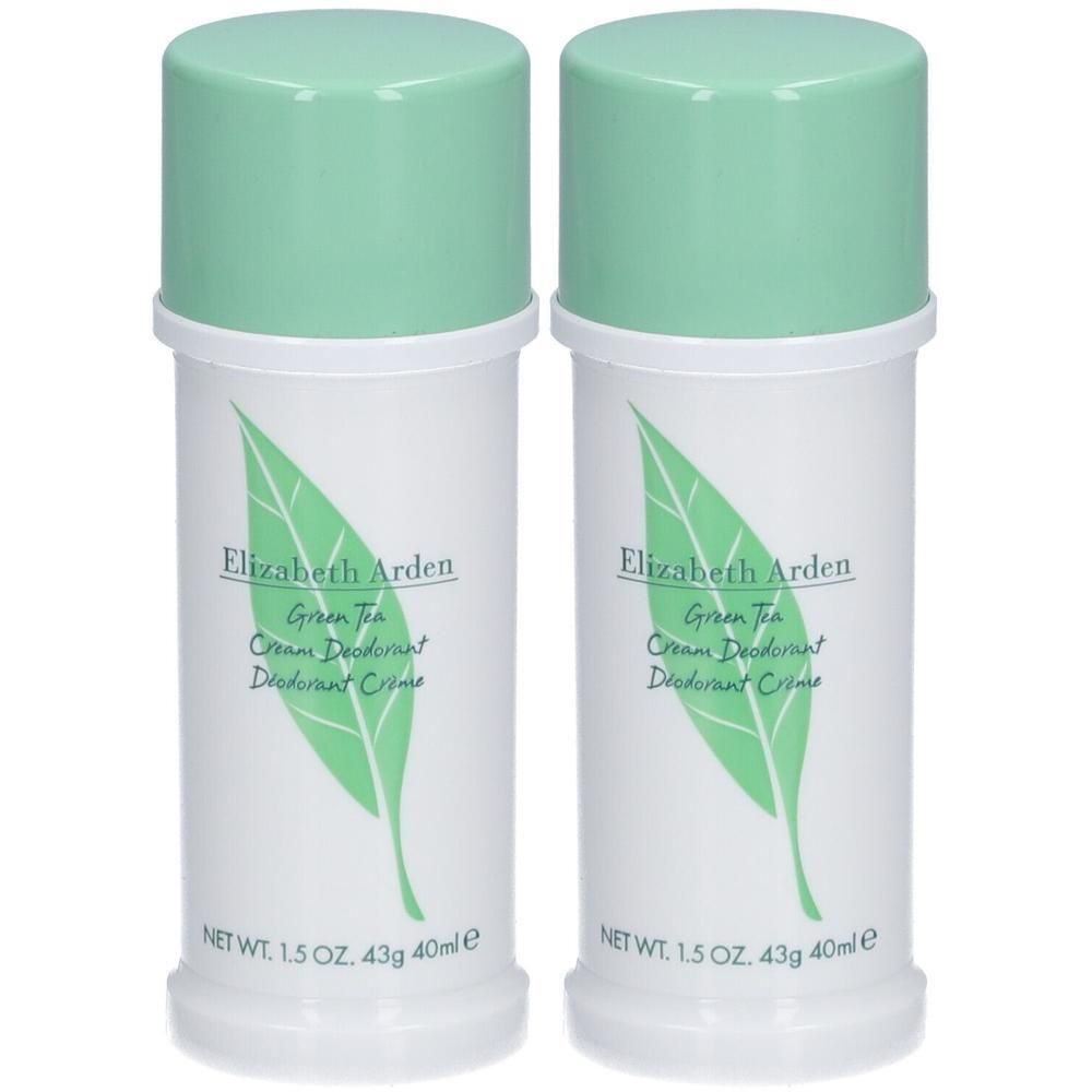 Deux crèmes déodorantes blanches avec couvercles verts. Inscription: Elizabeth Arden Green Tea. Logo feuille.