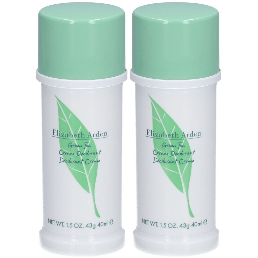 Zwei Deodorant-Creme-Sticks. Weißer Behälter mit grünem Deckel. Aufschrift: Elizabeth Arden Green Tea.