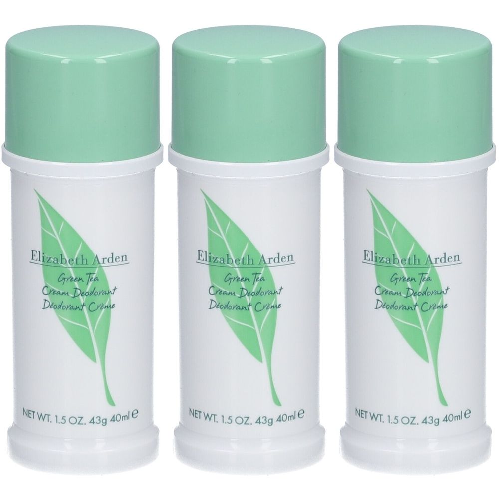 Drei Deodorant-Cremes mit grünen Deckeln. Aufschrift: Elizabeth Arden Green Tea Cream Deodorant. Weiße zylindrische Behälter mit Blattmotiv.