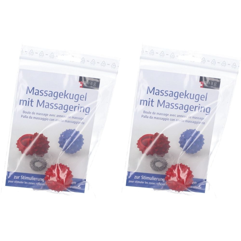 Zwei transparente Beutel mit Massagekugeln und Massageringen. Aufdruck: Massagekugel mit Massagering.