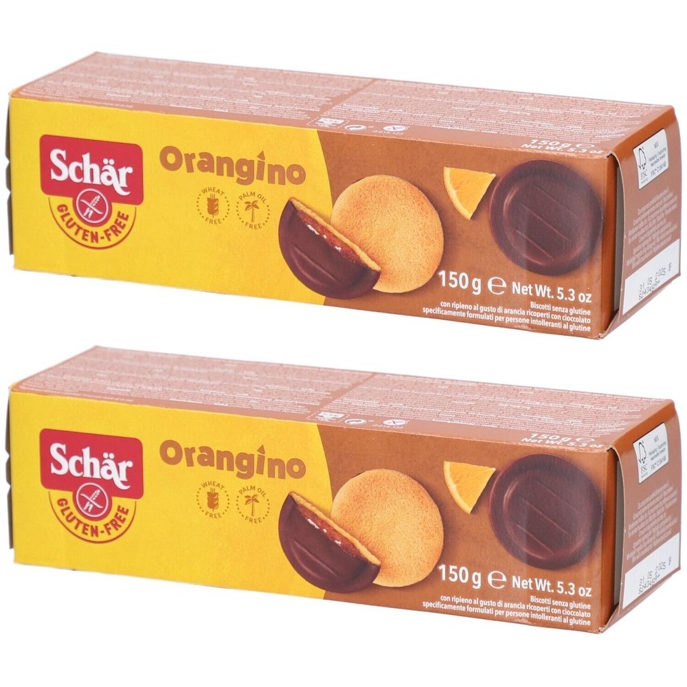 Zwei Schachteln Orangino Soft Cake. Aufschrift: Schär, glutenfrei, Orangino, 150 g, Net Wt. 5.3 oz. Abbildung von Kuchen.