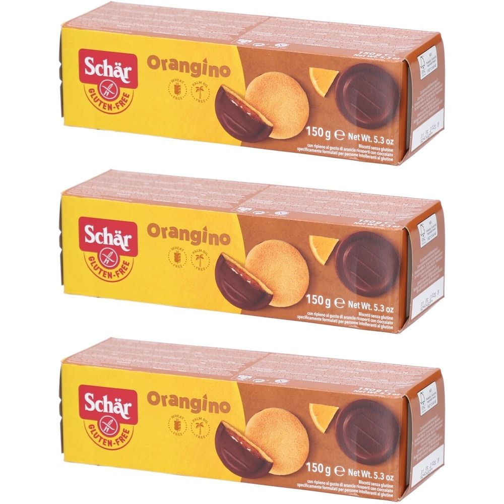 Drei Schachteln mit Orangino-Keksen. Aufdruck: Schär, glutenfrei, Orangino, 150 g. Abbildung von Keks mit Schokoüberzug.