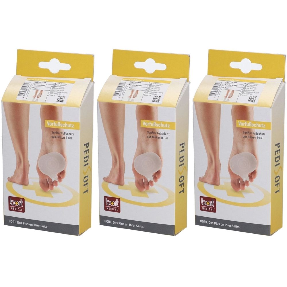 Trois boîtes de BORT PediSoft® Vorfußschutz. Chaque boîte montre un modèle de pied avec un protège-avant-pied. Accroches jaunes.