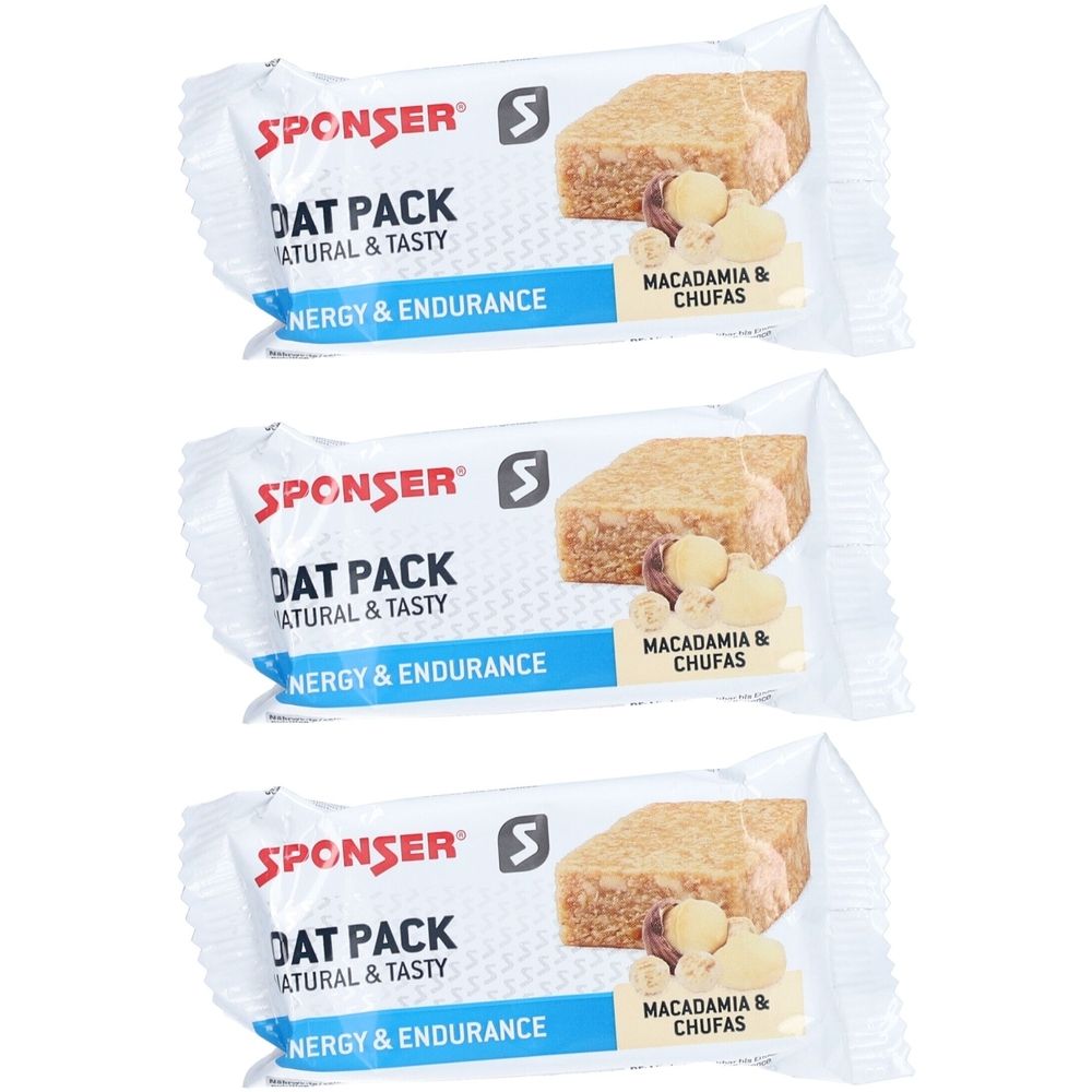 Trois barres SPONSER Oat Pack emballées. Inscription : DAT PACK, NATURAL & TASTY, NERGY & ENDURANCE. Illustration de Macadamia & Chufas.