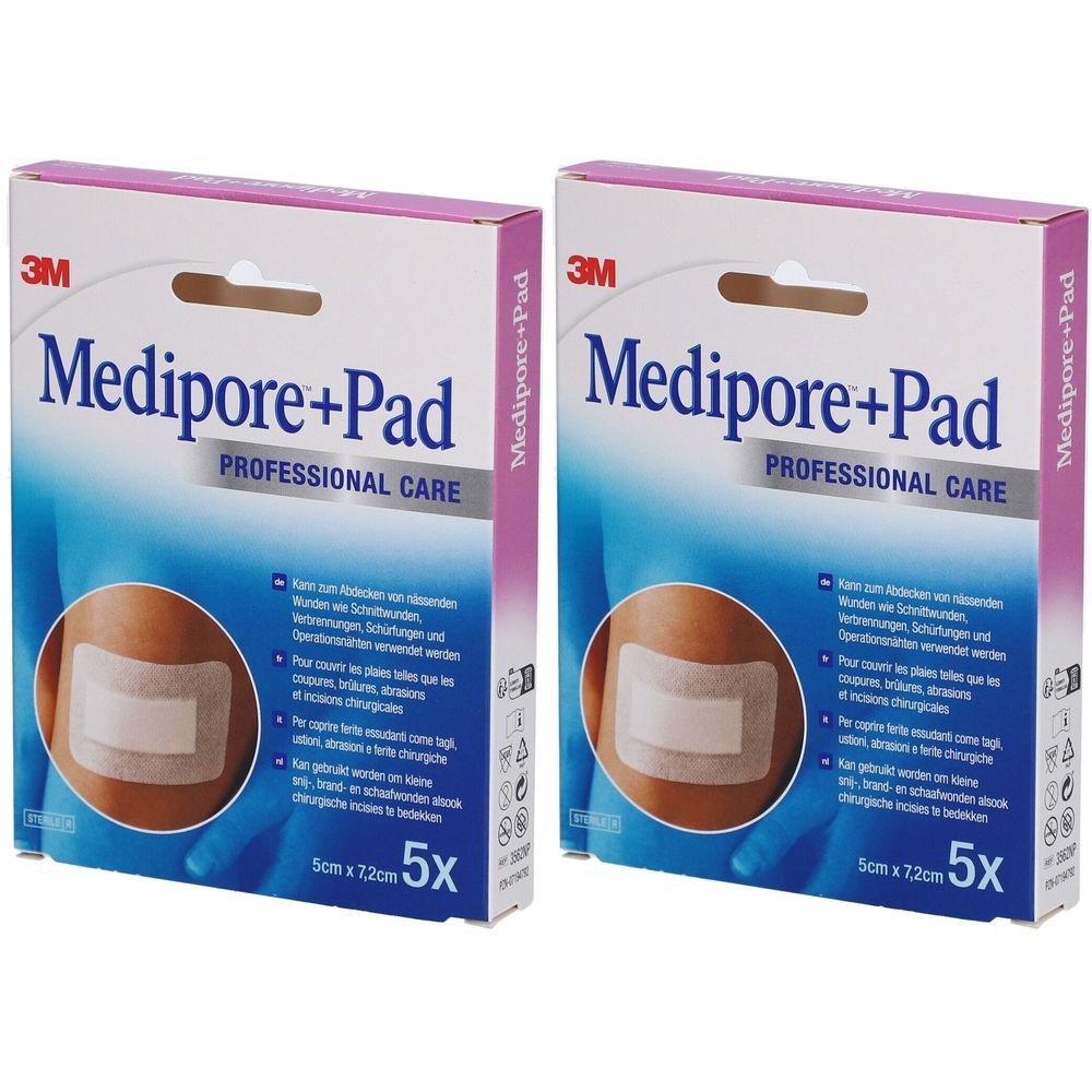Deux boîtes de pansements adhésifs 3M Medipore+Pad. Chaque boîte montre un pansement sur une partie de la peau. Taille : 5 x 7,2 cm, 5 pièces.