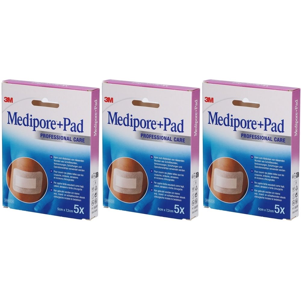 Trois boîtes de pansements adhésifs 3M Medipore+Pad. Chaque boîte montre un pansement sur une illustration de peau. Inscription : 5x, 5 x 7,2 cm.