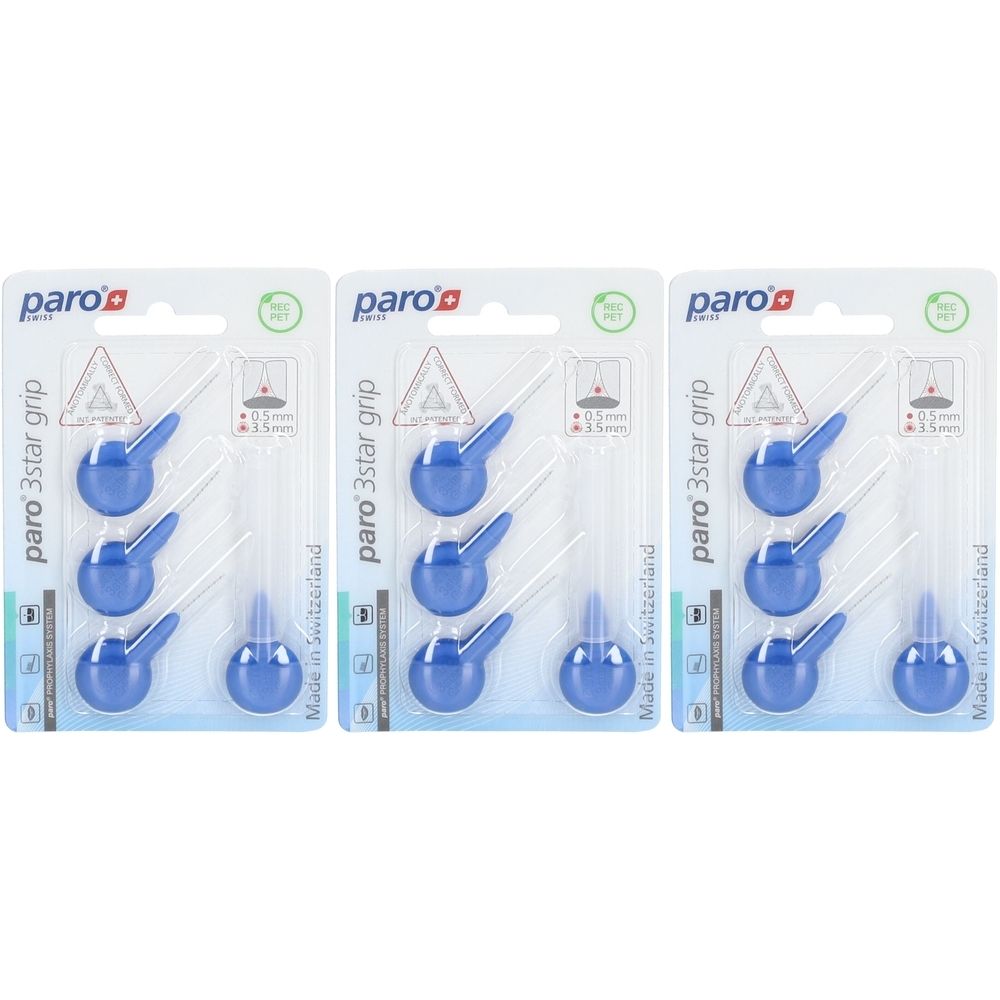 Drei Blisterpackungen mit je vier blauen, zylindrischen Bürsten. Aufschrift: paro 3star grip, 3.5mm x-fein. Hergestellt in der Schweiz.