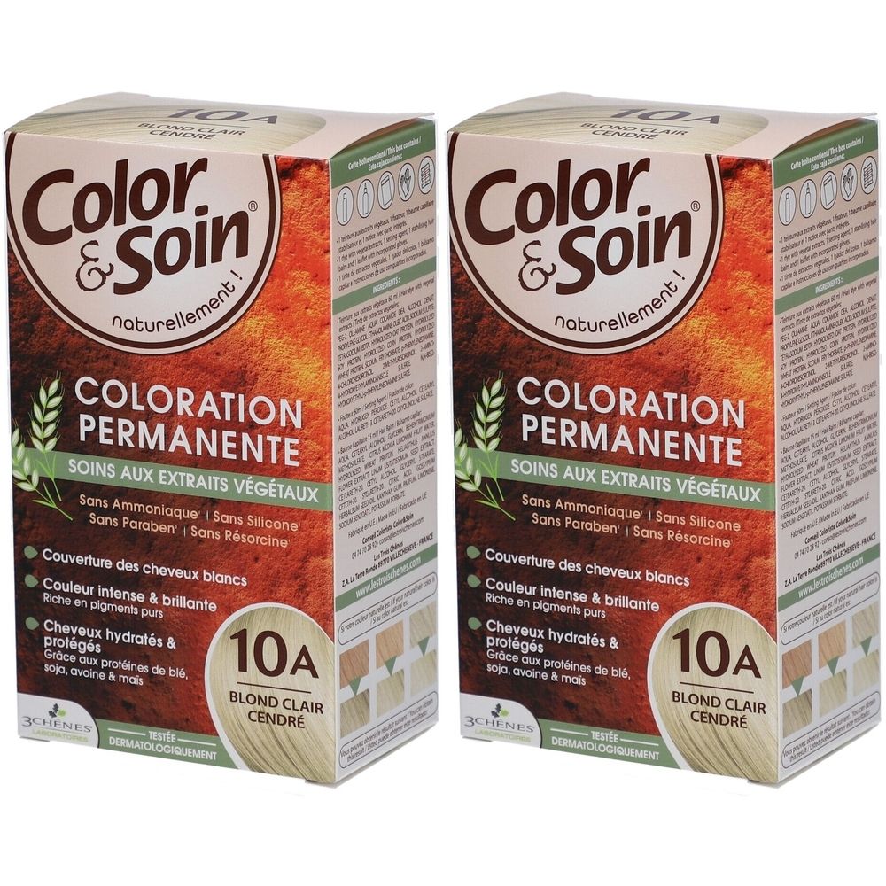 Deux boîtes de coloration Color & Soin. Inscription: Coloration Permanente, 10A Blond Clair Cendre. Sans ammoniaque, silicone, parabène.