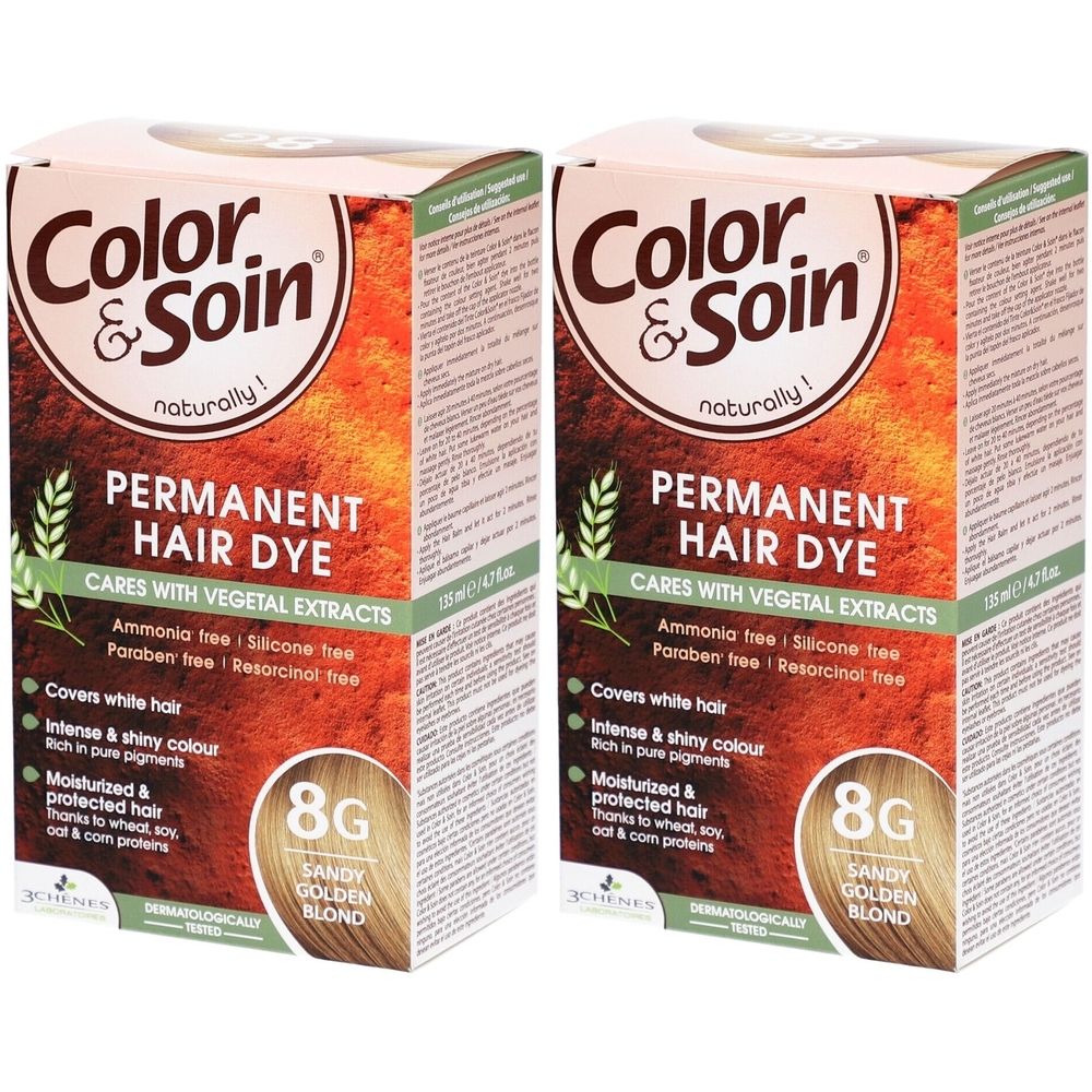 Zwei Schachteln Color & Soin Permanent Hair Dye. Aufschrift: 8G Sandy Golden Blond. Enthält pflanzliche Extrakte.