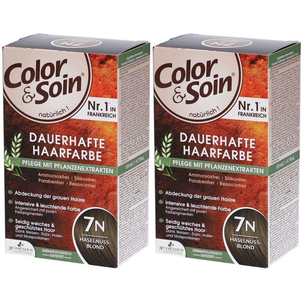 Deux boîtes de Color & Soin® coloration permanente. Inscription: Coloration permanente, 7N Blond Noisette. Aux extraits de plantes. N°1 en France.