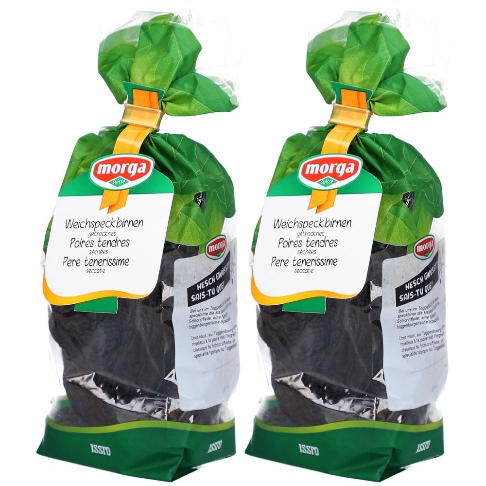 Zwei Beutel mit getrockneten Birnen. Aufschrift: morga, Weichspeckbirnen, Pares tendres, Pere tenerissime.