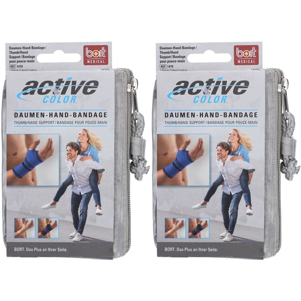 Deux étuis gris avec attelle pour le pouce. Sur l'emballage : active COLOR, BORT MEDICAL, attelle pour le pouce.