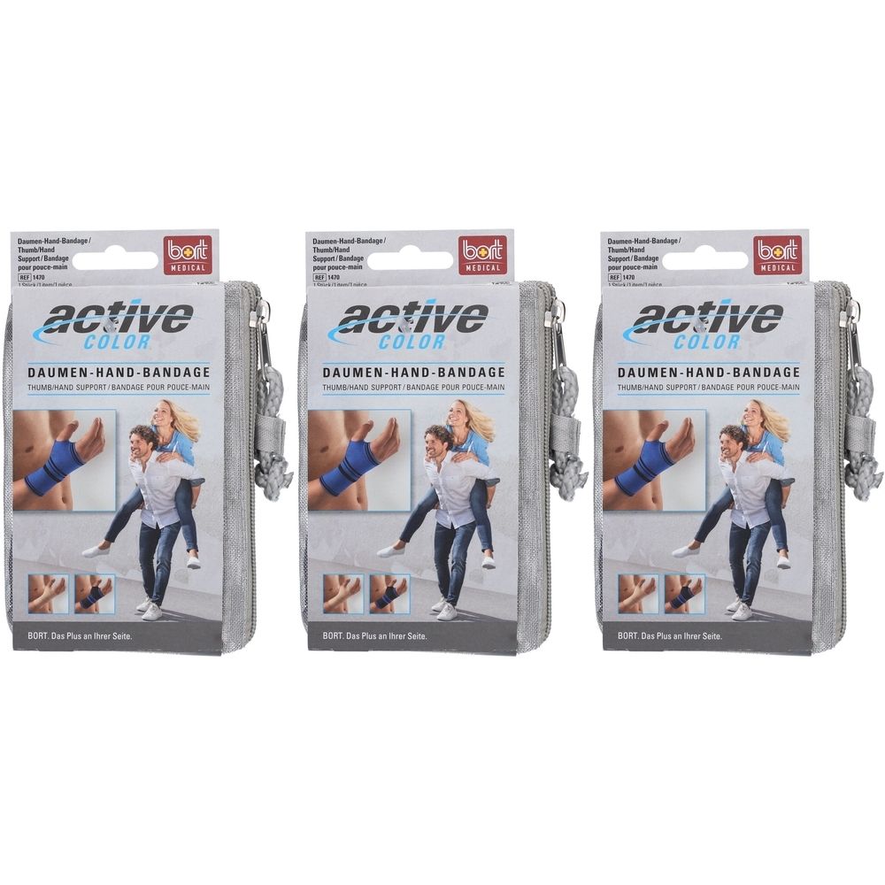 Trois emballages gris de bandage pour le pouce et la main. Inscription: active COLOR, Daumen-Hand-Bandage. Marque: bort medical.