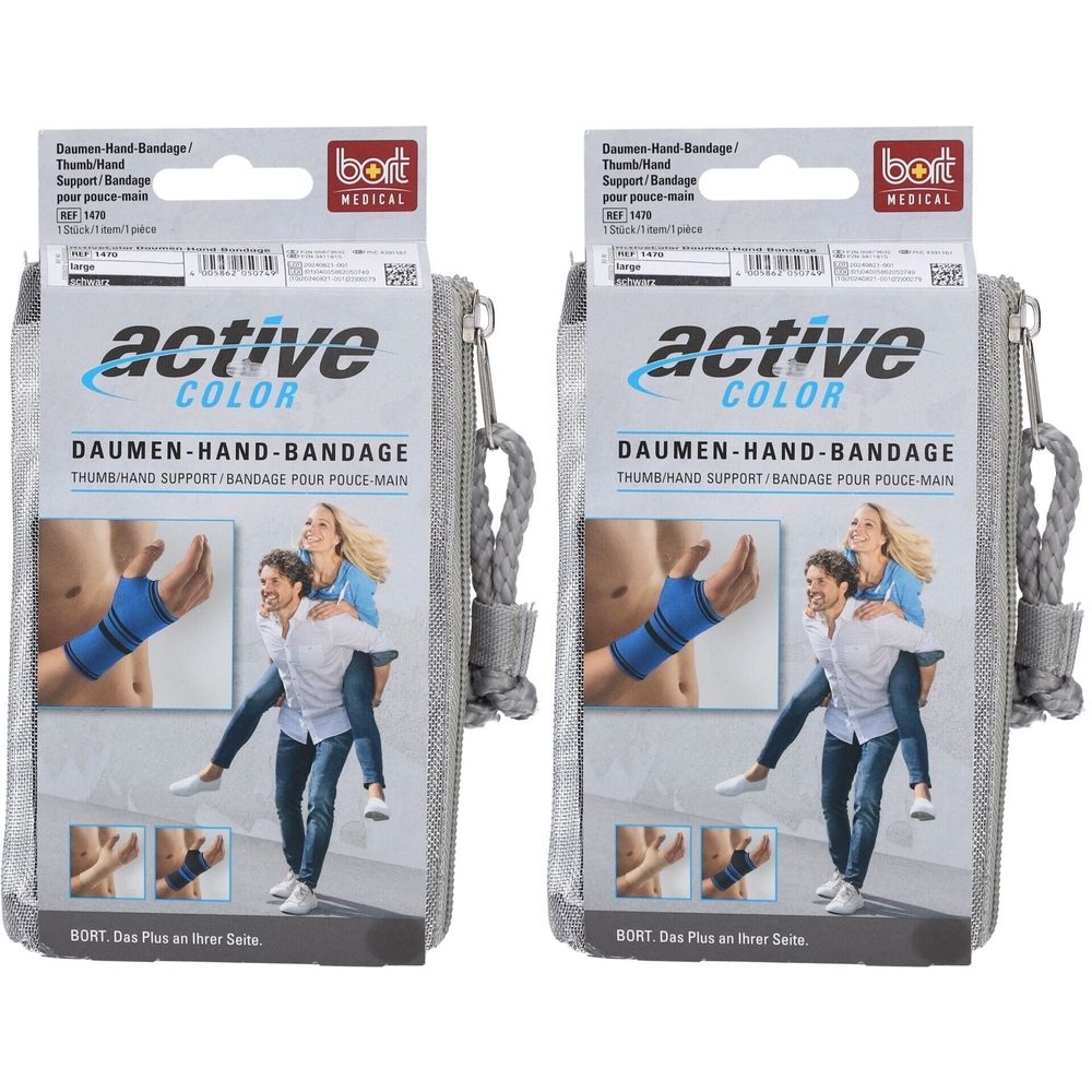 Deux emballages de bandage. Inscription : active color, Daumen-Hand-Bandage. Marque : BORT MEDICAL. Pochette grise avec fermeture éclair.