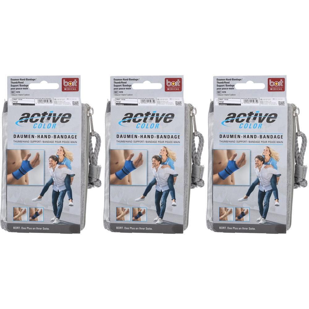 Trois paquets de bandages pour pouce et main BORT ActiveColor noirs. Chaque paquet montre un bandage sur le pouce et le poignet.