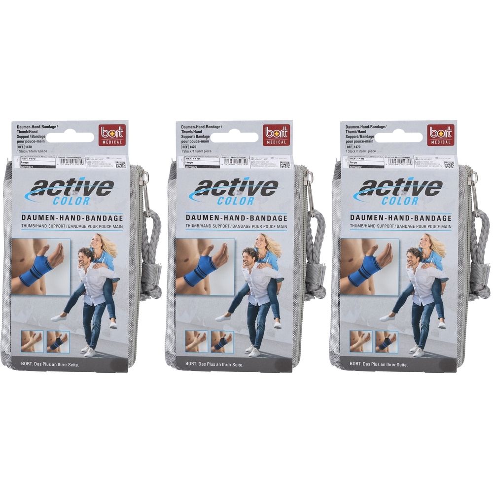 Trois emballages de bandage. Inscription: Active Color Daumen-Hand-Bandage. Marque: BORT. Image d'une personne avec un bandage sur le pouce.