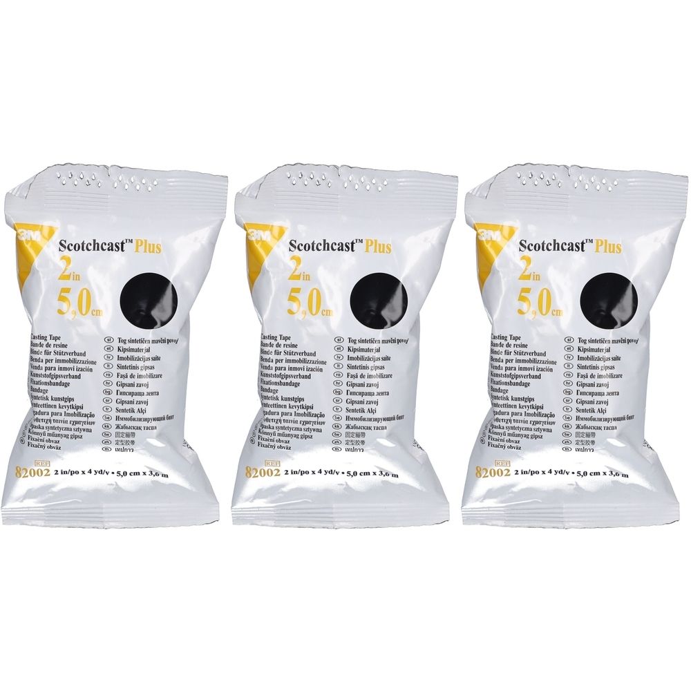 Trois sachets blancs avec logo et texte jaunes. Chaque sachet porte l'inscription "Scotchcast Plus", "2 in" et "5.0". Cercle noir.