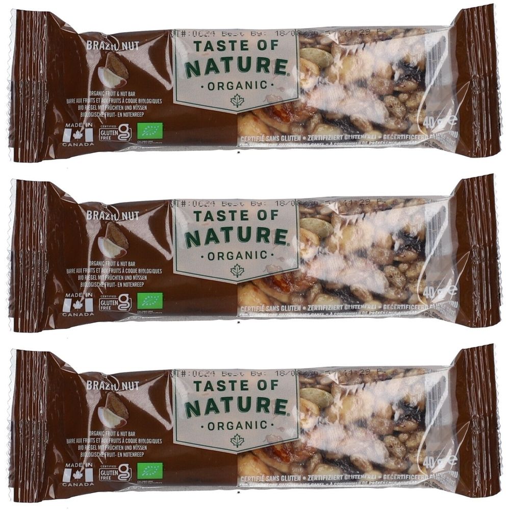 Trois barres de céréales emballées. Inscription : Taste of Nature Organic. Visible : Brazil Nut. Avec label bio et sans gluten.