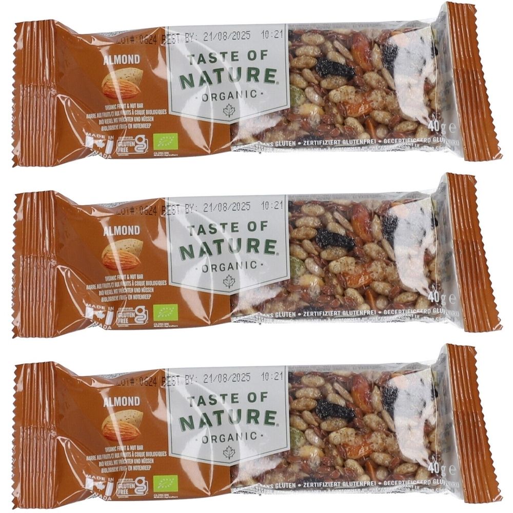 Trois barres emballées. Inscription : TASTE OF NATURE ORGANIC, ALMOND, date de péremption. Certification biologique.