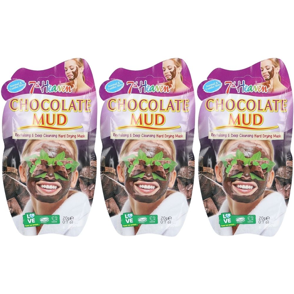 Drei Beutel 7th Heaven Chocolate Mud Maske. Lila Verpackung mit Produktbild und Schriftzug. Grün-weiße Logo-Kennzeichnung.