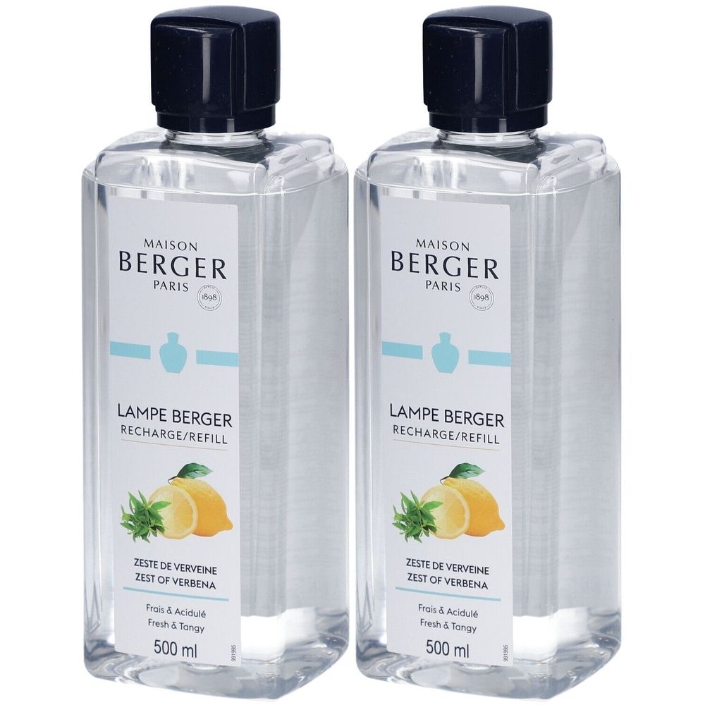 Deux flacons rectangulaires avec bouchon noir. Étiquette: Maison Berger Paris, Lampe Berger, Zeste de Verveine. Illustration de citron et menthe.