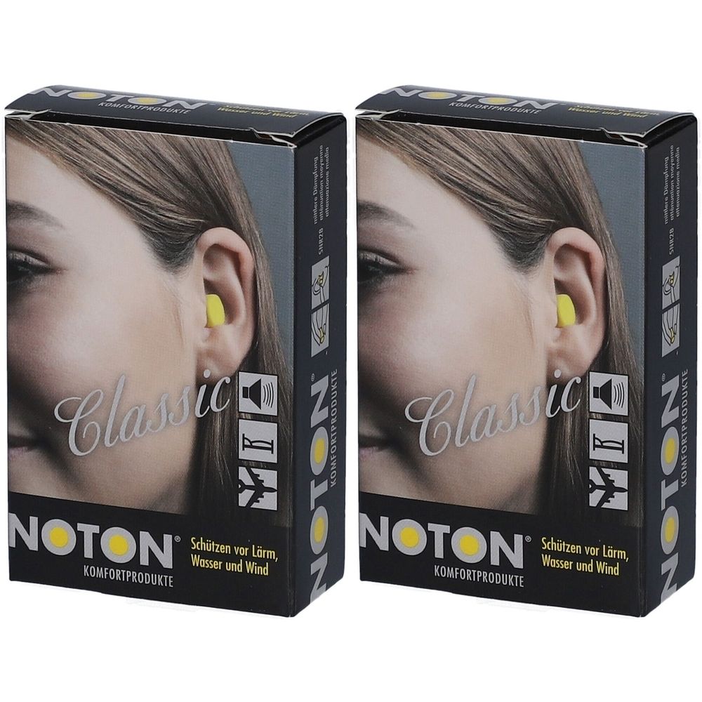 Deux boîtes d'écouteurs. L'emballage montre une oreille avec un bouchon d'oreille jaune. Inscription : NOTON Classic.
