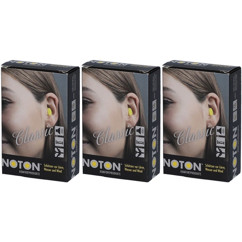 Trois boîtes d'écouteurs. Chaque boîte montre une oreille avec un bouchon d'oreille jaune. Inscription : NOTON Classic.
