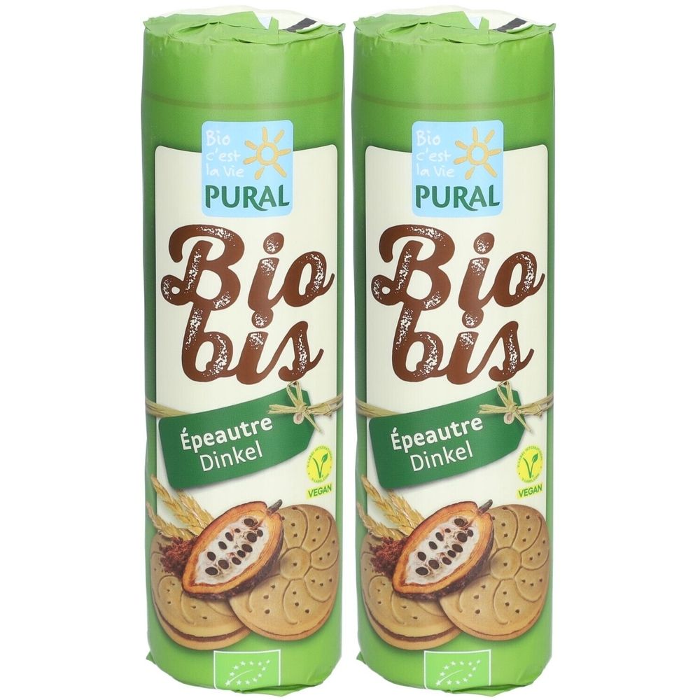 Deux emballages cylindriques verts. Inscription: PURAL Bio bis, biscuits au chocolat d'épeautre Vegan Bio. Label bio.