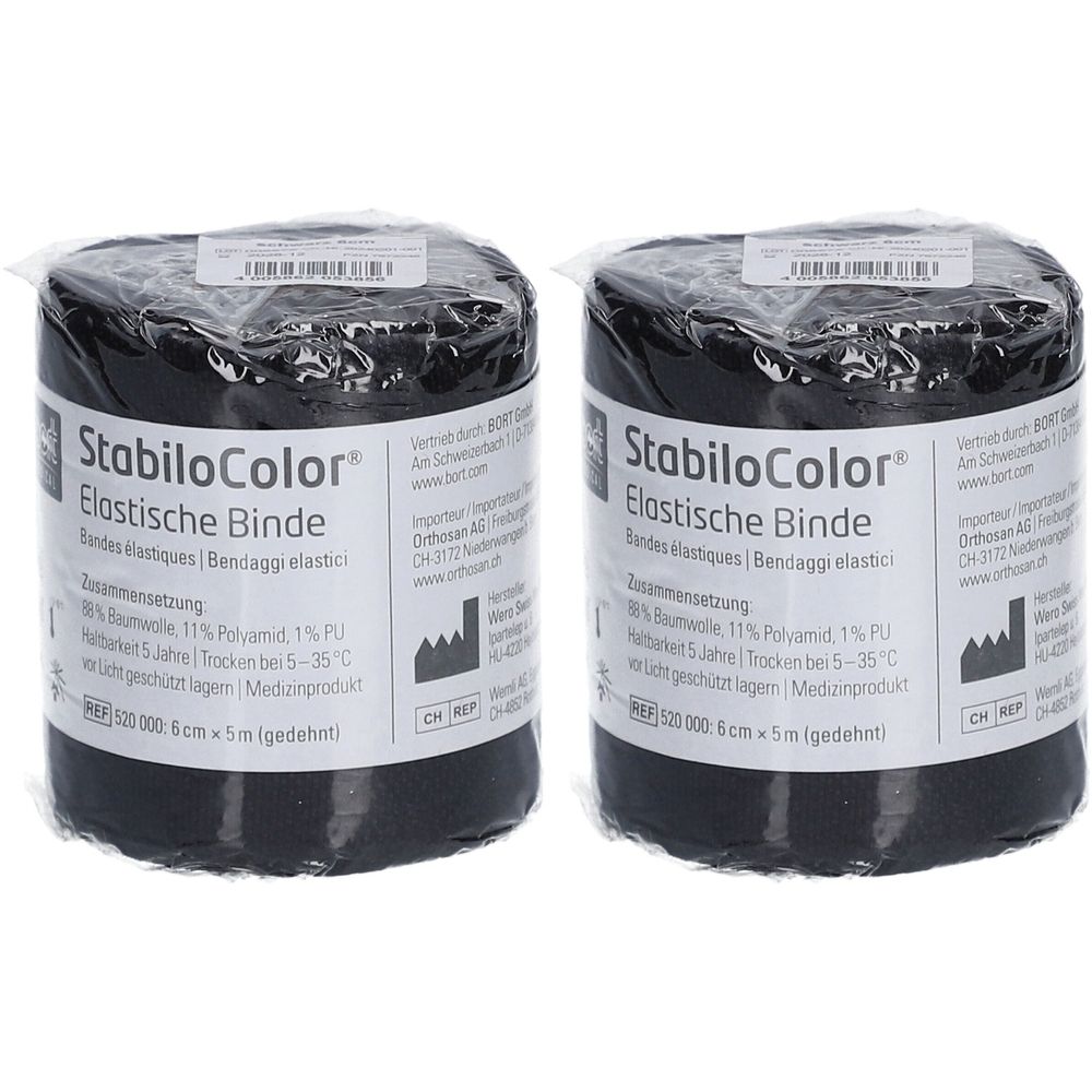 Deux rouleaux de bandage élastique StabiloColor noir. Inscription : Bandage élastique, 6 cm x 5 m. Emballé dans du film.