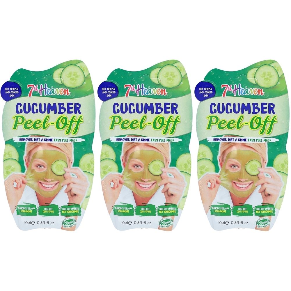 Trois sachets de masque facial. Chaque sachet montre une femme avec des tranches de concombre sur les yeux. Texte: Cucumber Peel-Off.