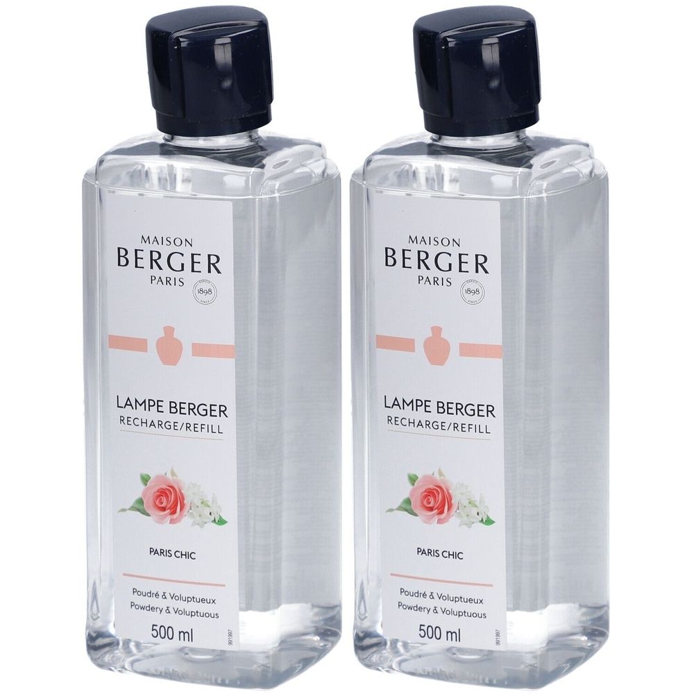 Deux flacons rectangulaires avec bouchon noir. Inscription: Maison Berger Paris, Lampe Berger, Paris Chic. 500 ml.