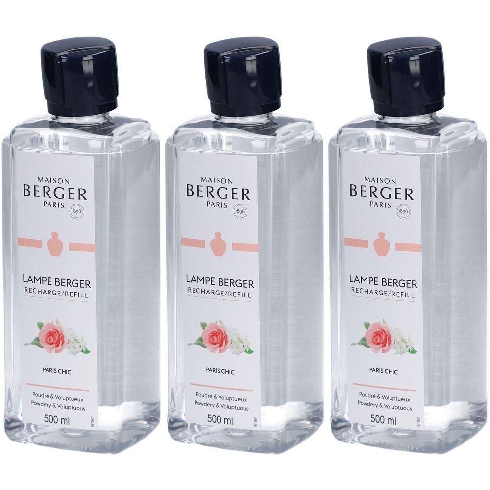 Trois flacons de recharge Maison Berger Paris Lampe Berger. Liquide clair, bouchon noir, étiquette avec logo, rose et texte.