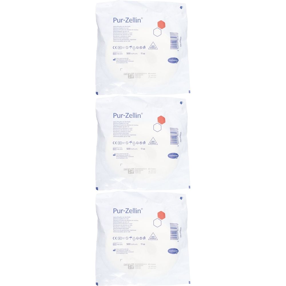 Drei Packungen Zellstoffkompressen. Aufschrift "Pur-Zellin". Weiße Verpackung mit Produktinformationen und Barcode.