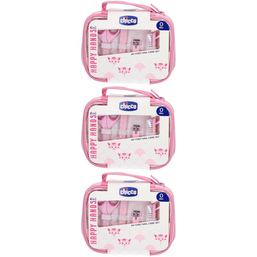 Trousse de toilette rose avec kit de soins des ongles pour filles. Ciseaux, lime, coupe-ongles, etc. Marque : Chicco.